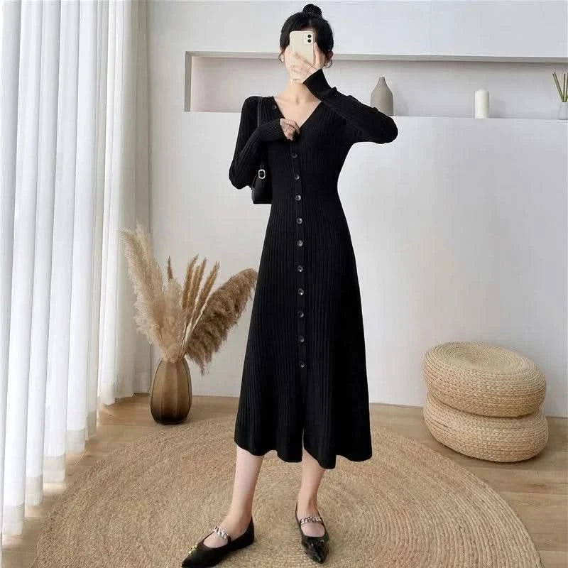 Lucyever Elegant Knitted Long Dress for Women Korean Chic Buttons Slim Fit Midi Dresses Female Streetwear V Neck Party Vestidos - M & M Global