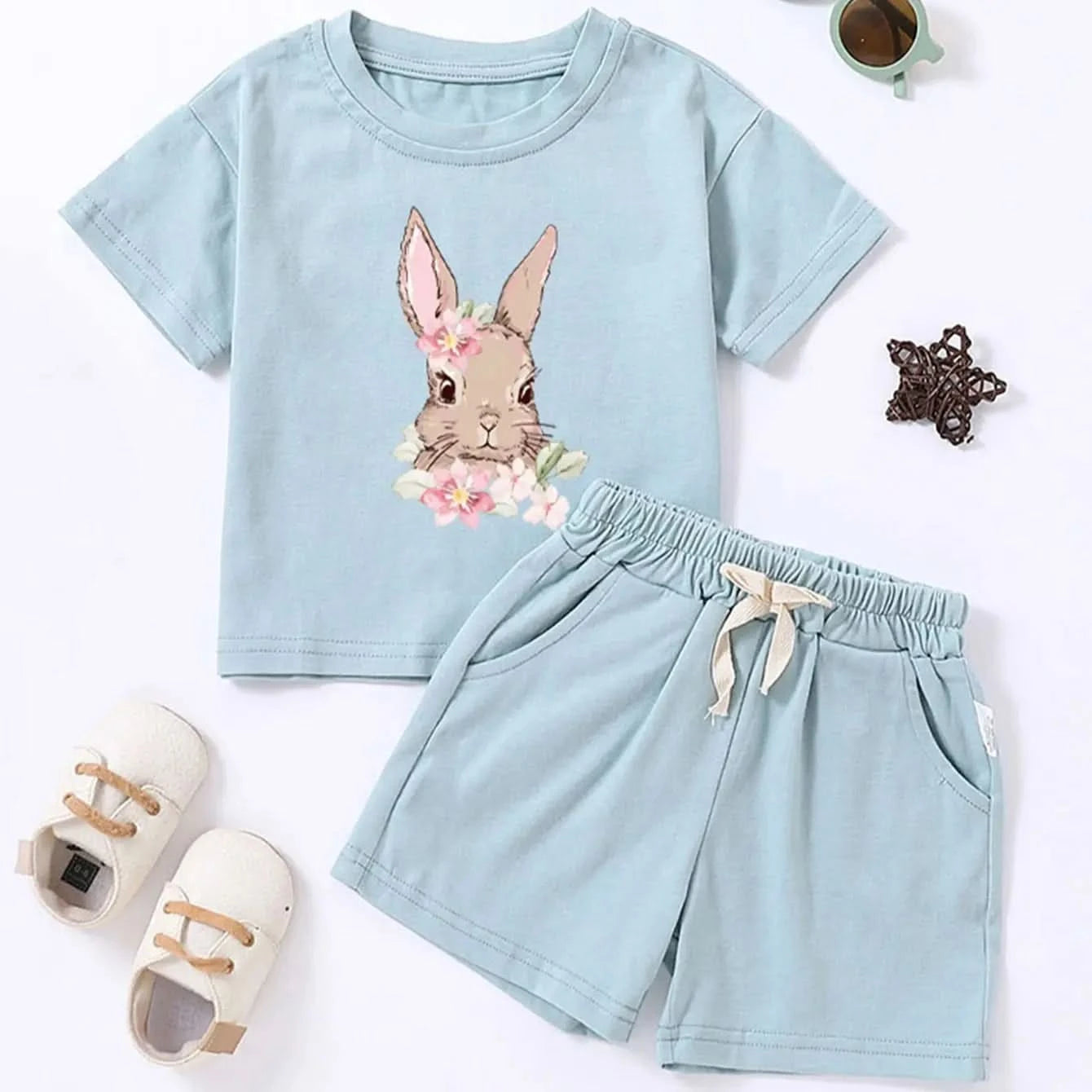 Hot Selling Children's Printed Summer Set Cute Rabbit Baby Boy And Girl Summer Clothing Children's Pure Cotton T-shirt Set - M & M Global