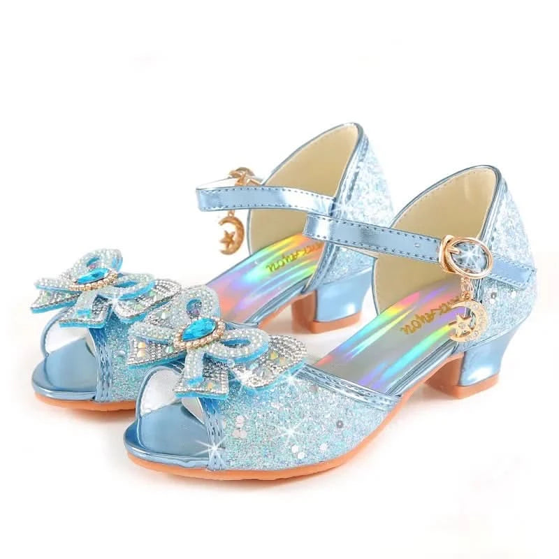 Summer Girls Sandals With Heel Fashion Rhinestone Shiny Glitter Shoes Children Princess Bowtie Pearl Dancing Shoes H876 - M & M Global