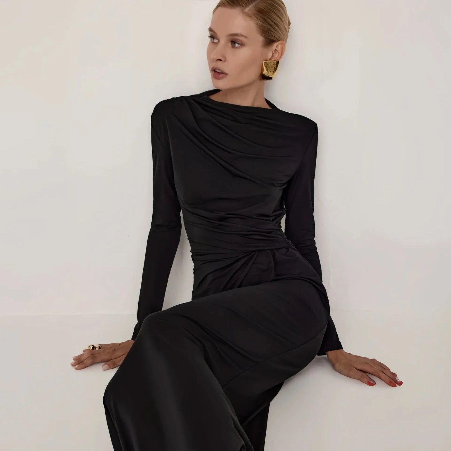 Tossy Fashion Autumn Pleated Long Dress Female High Waist Slim Bandage Solid Elegant Commute Clothes Ladies Y2k Maxi Dress 2024 - M & M Global