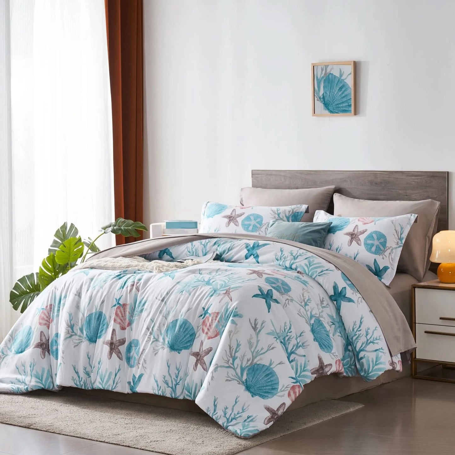 7-Piece Boho Bed in a Bag Comforter Set – Queen Size Bedding with Starfish Coral Print – Bohemian Comforter, Sheets & Pillowcases Included