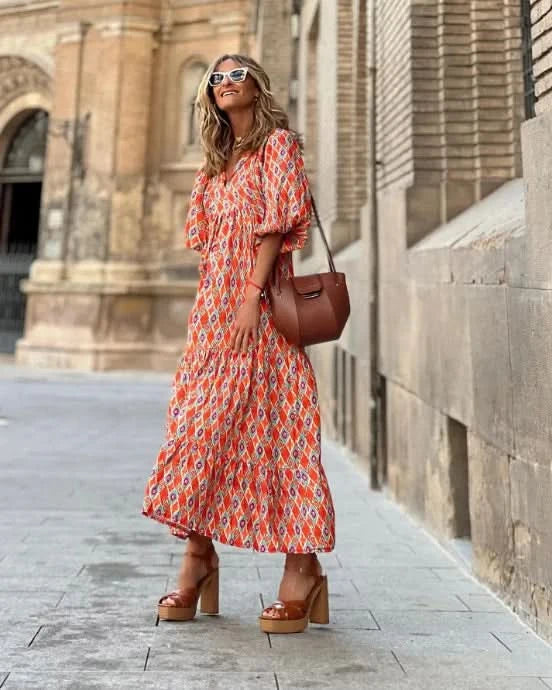 Summer Puff Sleeve Long Dress Women Geometric Print Half Sleeve Dress Boho V-Neck Loose Holiday Beach Dress Vestidos - M & M Global