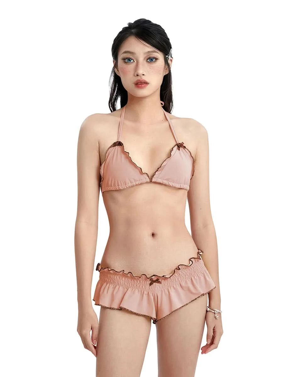 Women Bikini 2024 Patchwork Sleeveless Padded Bra And Frills Thong Bottoms Bikini Women Summer Beach Padded Up Bathing Suits - M & M Global