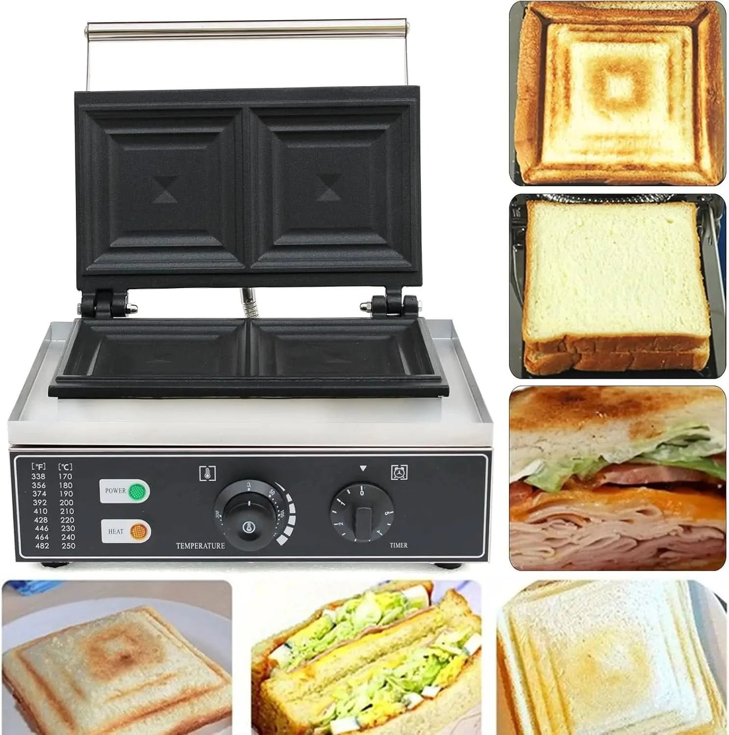 110V 1500W 2-Slice Commercial Electric Sandwich Machine, Stainless Steel Sandwich Maker with Teflon Coating Non-Stick Panini Pre - M & M Global