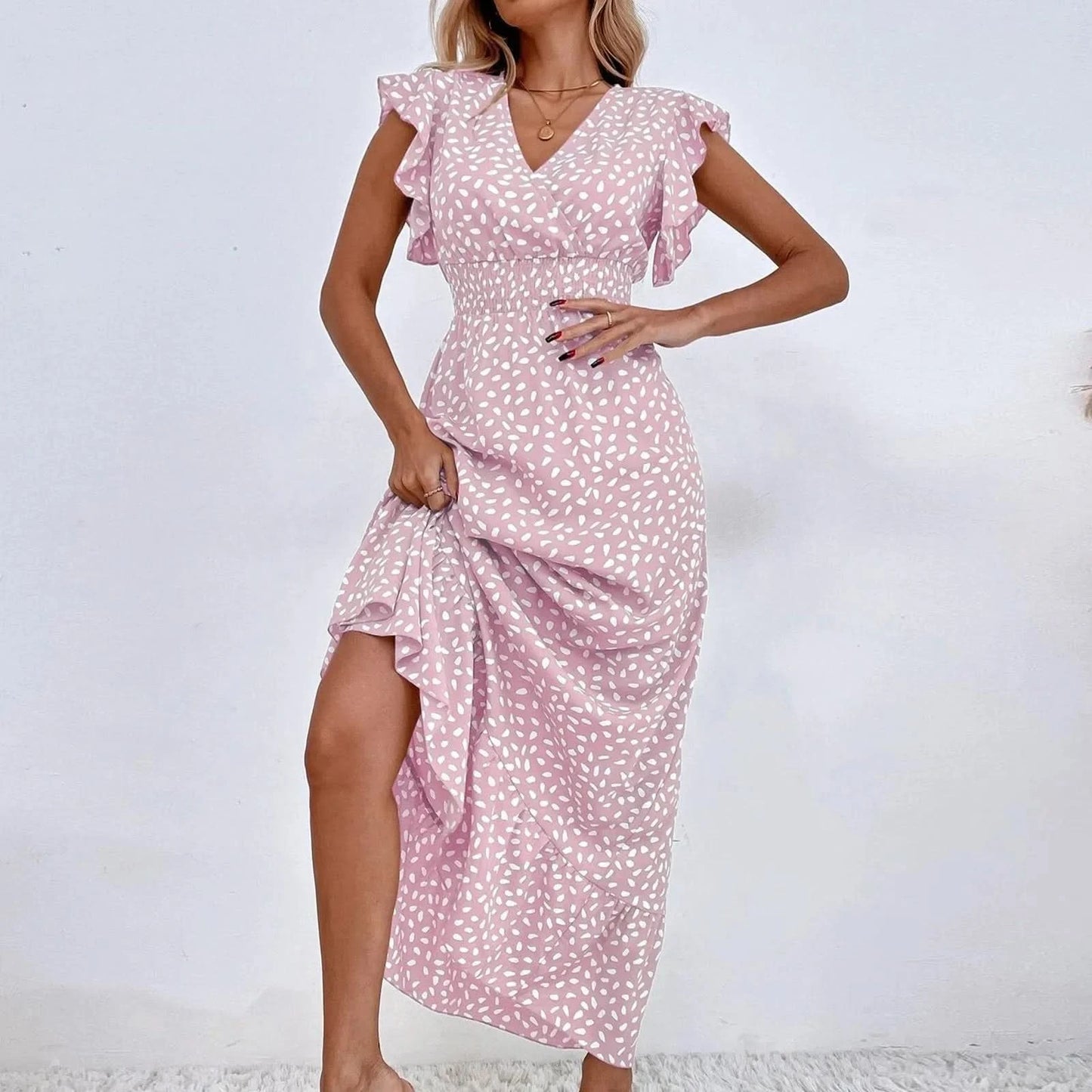 Polka Dot Dress For Women Sexy V-Neck Long Dress Casual And Fashionable Ruffle Edge Short Sleeved High Waisted Dress - M & M Global