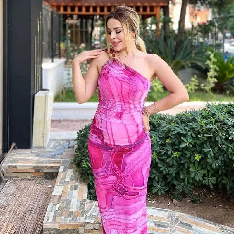 CUTENOVA Sexy Slash Collar Gradient Print Long Dress Summer Chic One-Shoulder Backless Party Dresses Sleeveless Hollow Slim Fit - M & M Global