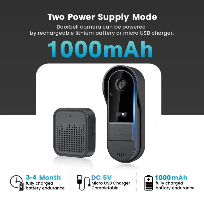 Tuya WiFi doorbell 2-way HD 1080P, microSD/cloud, waterproof, 1000mAh battery, long standby,Wireless Security Camera - M & M Global