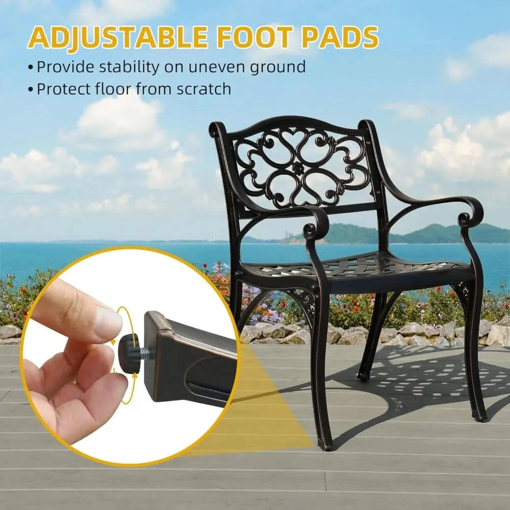 Outdoor Cast Aluminum Outdoor Chairs with Armrest, All-Weather Patio Dining Chair with Adjustable Feet for Balcony