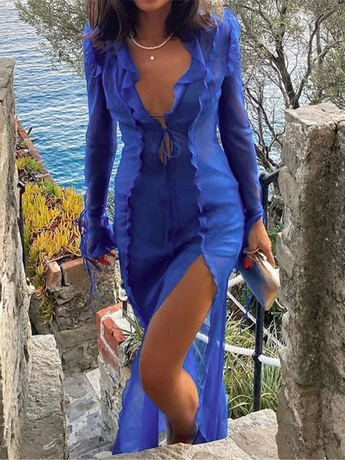 Deep V Neck High Split Long Dress Ruffles Beach Cover Up Bikini Cover-ups Beach Dress Beach Wear Beachwear Female Women V4440 - M & M Global