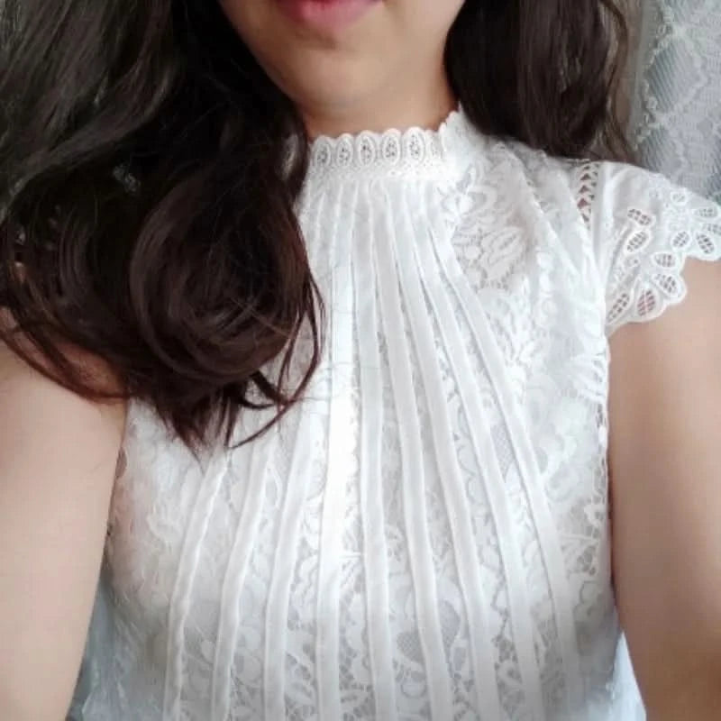 Summer Casual Solid Blouses for Women Petal Sleeve Floral Lace Tops Sweet Chiffon O-neck Short Shirts Elegant Chic New 01C - M & M Global