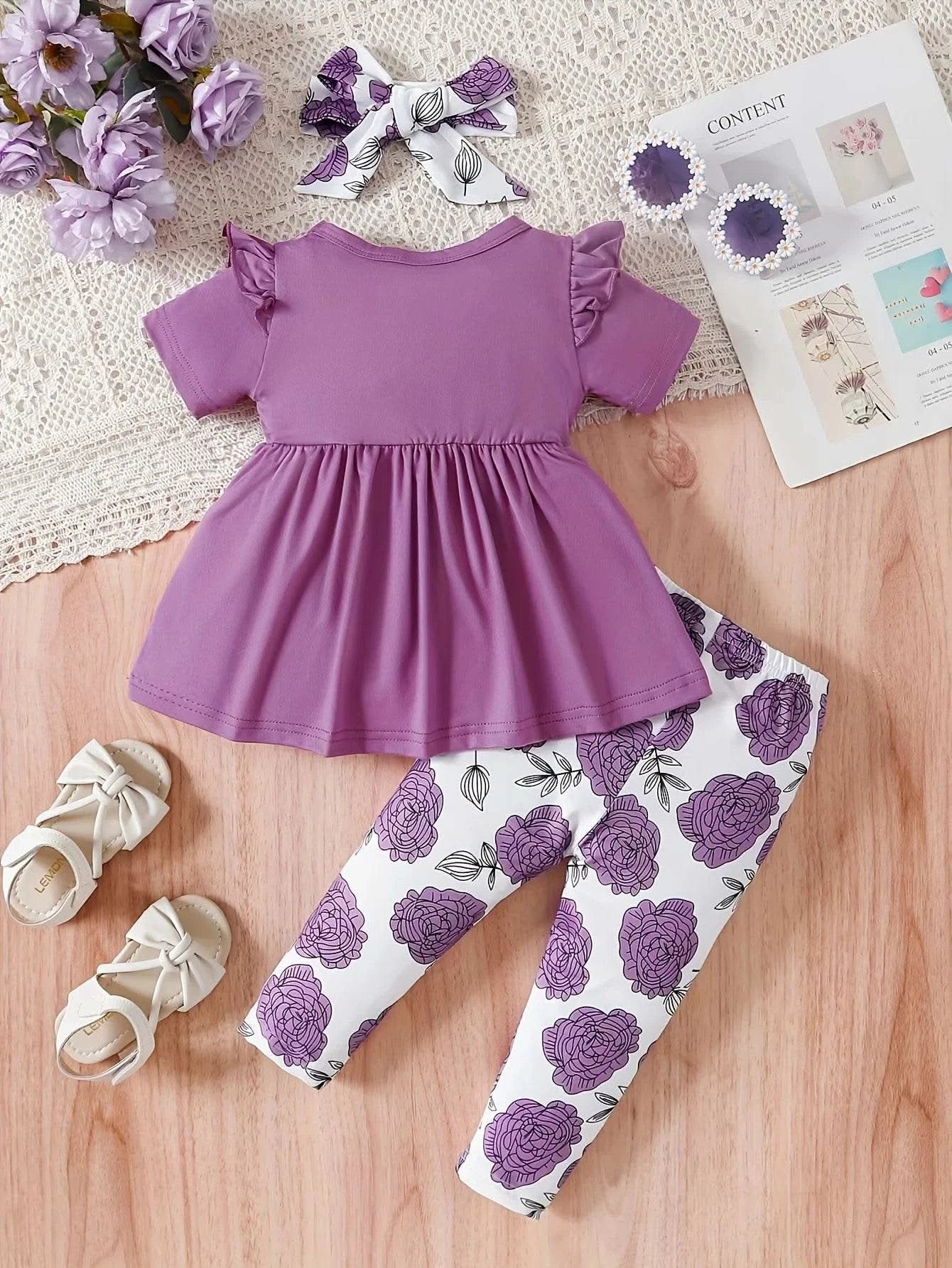0-3 Years Baby Girl 3PCS Clothes Set Purple Short Sleeved Top+Floral Pants+Headband Fashion Toddler Girl Summer Daily Outfits - M & M Global
