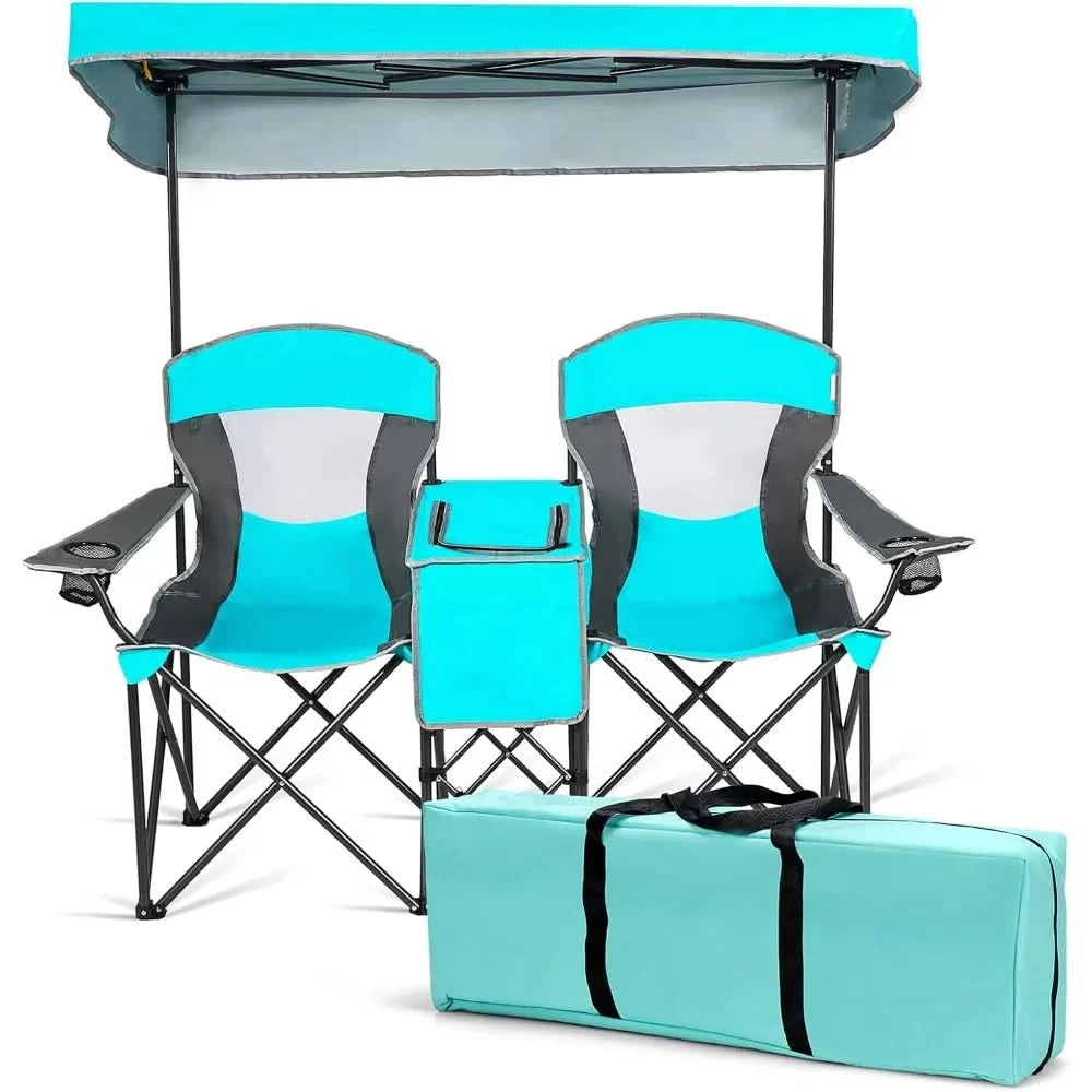 Double Camping Chair w/Shade Canopy, 2-Person Folding Camp and Beach Chair with Mini Table Beverage Cup Holder - Free Delivery