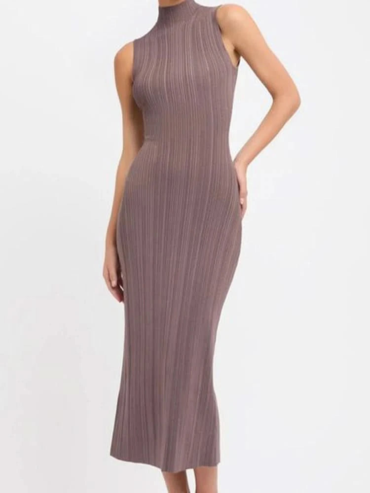 Tossy Sleeveless Knitwear Turtleneck Long Dress Female Slim Elegant Fashion Autumn 2023 Ribbed Knit Dress For Women Maxi Dress - M & M Global
