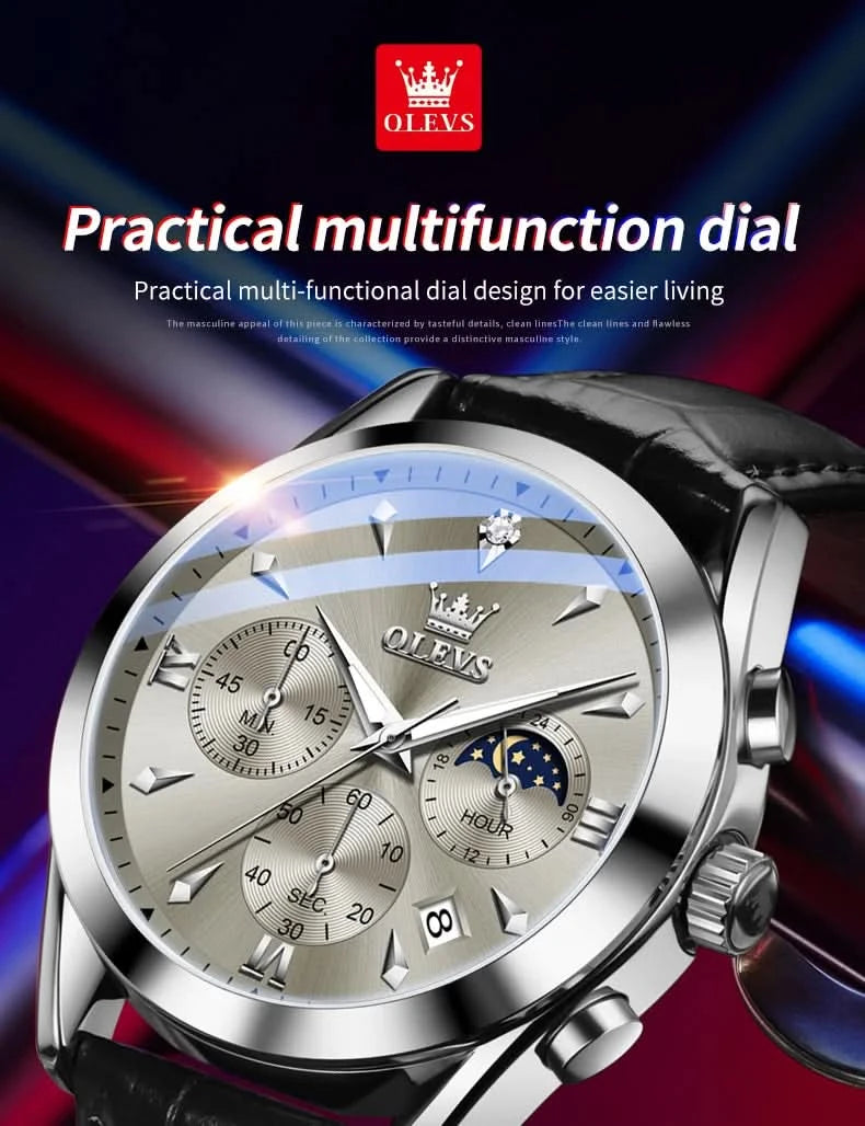 OLEVS Original Watch Leather Strap Moon Phase Luminous Quartz Watches for Man Waterproof Calendar Business Trend Wristwatch - M & M Global