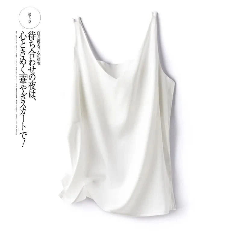 Silk Satin Women Office Lady Double Shoulder Camisole Tank V-neck Sleeveless Top T-shirt Elegant Crop Top Solid Casual Basic New - M & M Global