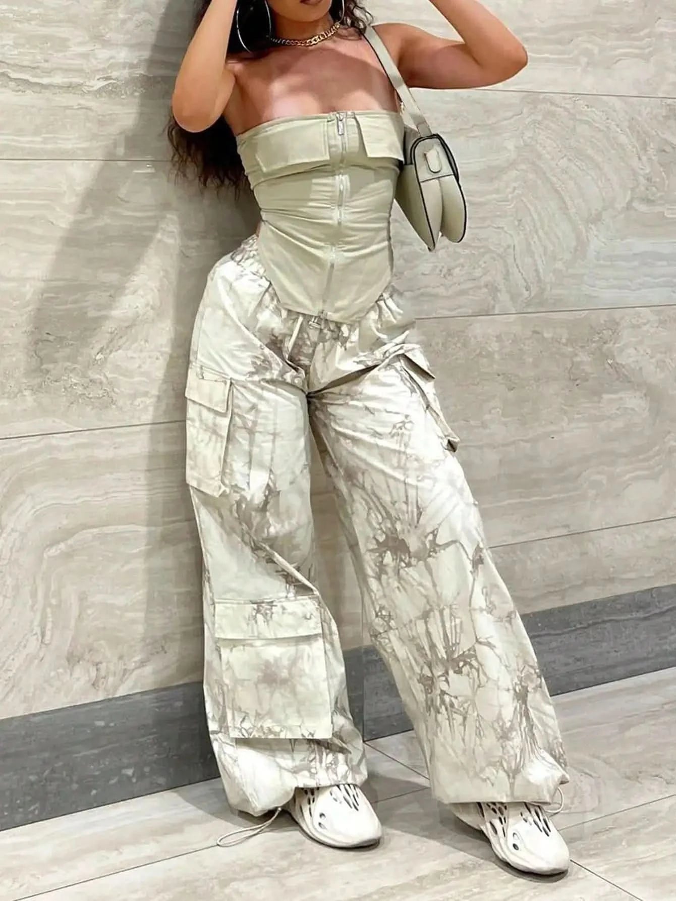 2025 Women's 2 Piece Outfit Set Tube Top Crop Top Wide Leg Cargo Pants with Pockets Summer Streetwear Casual Wear