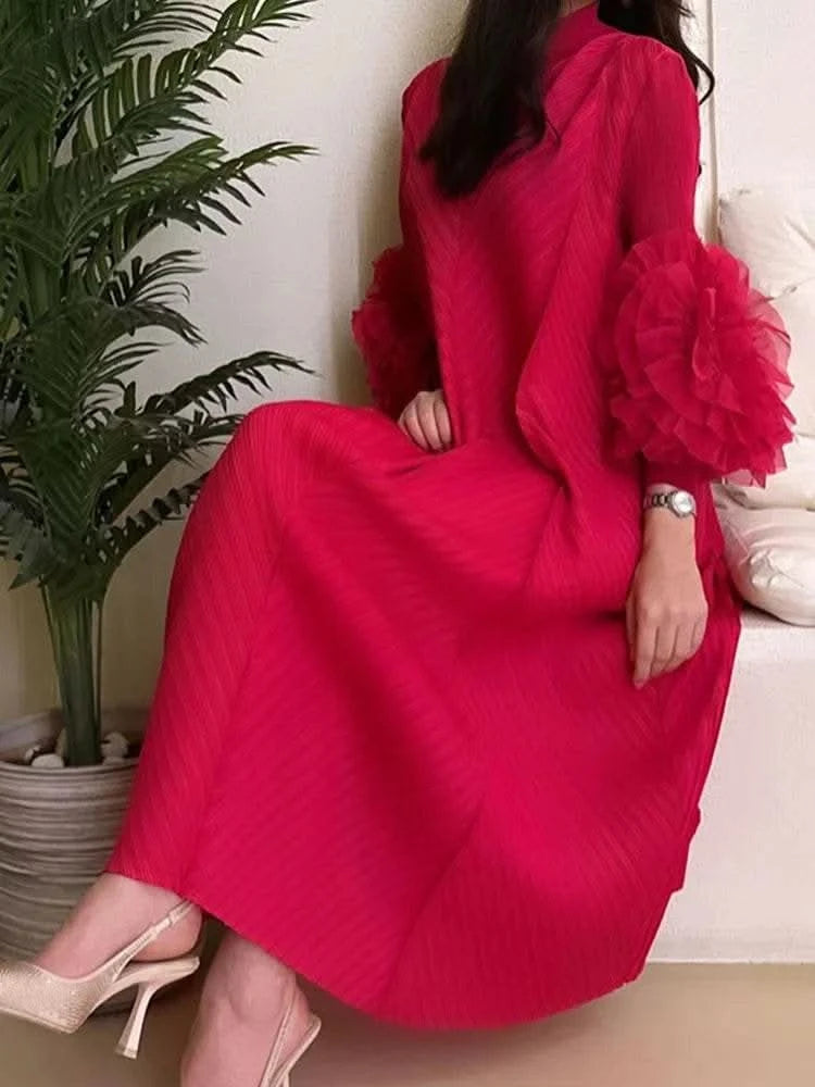 ANLAN Miyake Pleated Maxi Long Dress Mesh Petal Sleeve Half Turtleneck Formal Dresses for Women 2024 New Hot Sales 6KK9927 - M & M Global