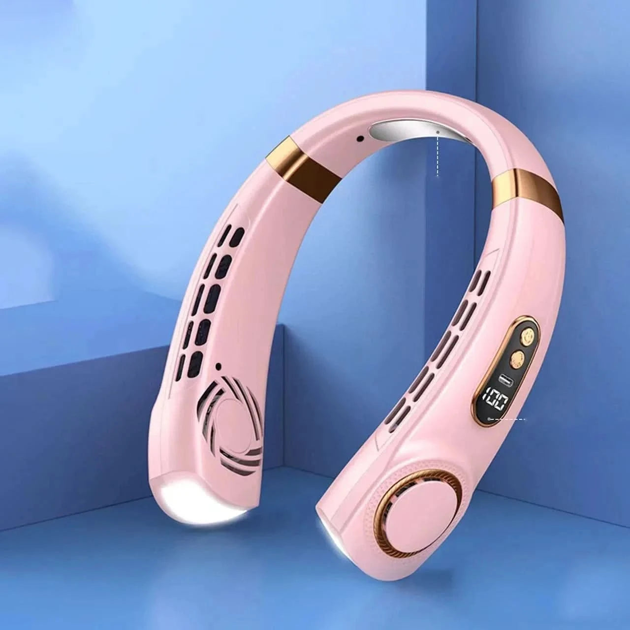 Pink neckband with digital display on a blue background