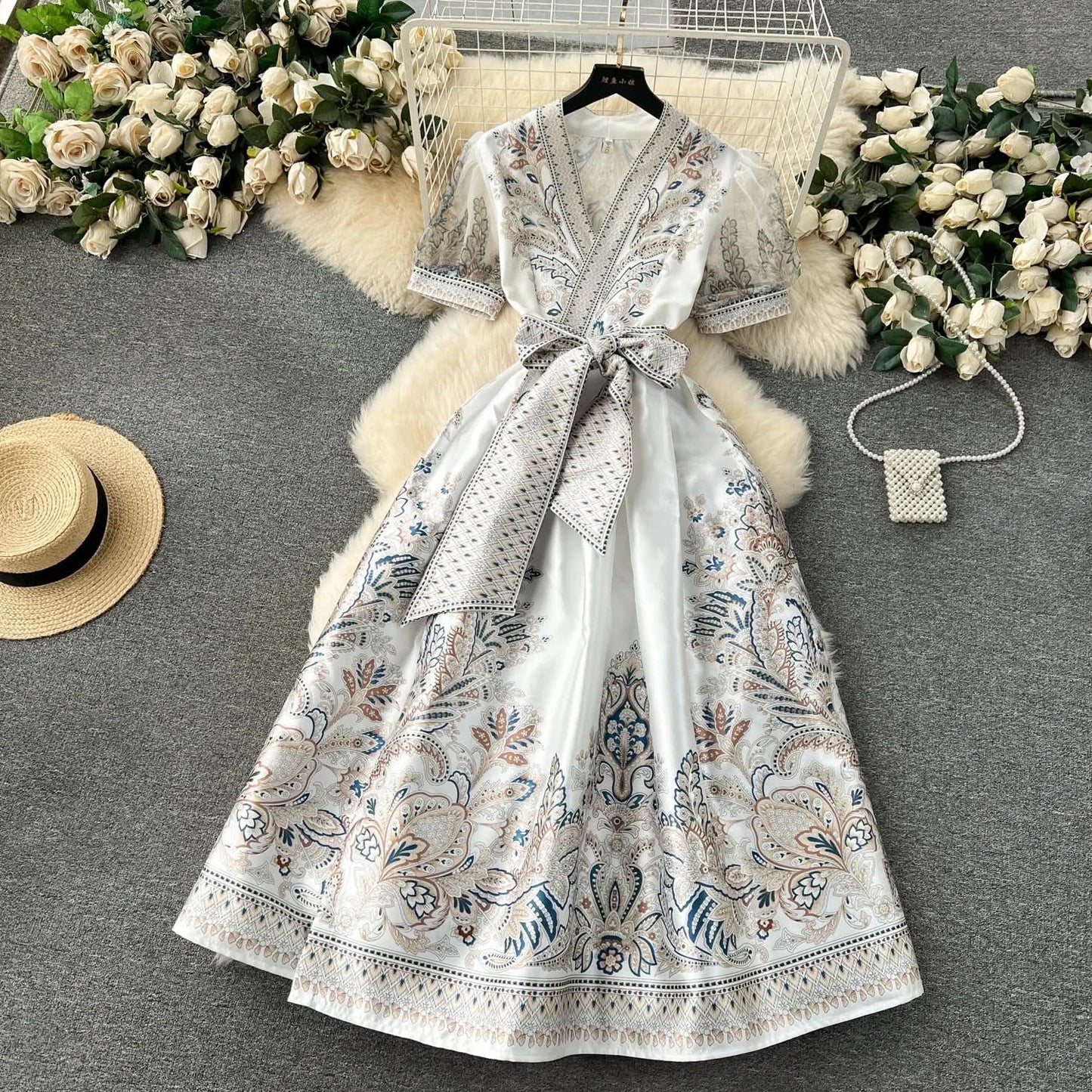 Summer Bohemian Paisley Print Long Dress Women V-Neck Short Puff Sleeve Vintage Print Bandage Lace Up Robe Vestidos Clothes 6237 - M & M Global