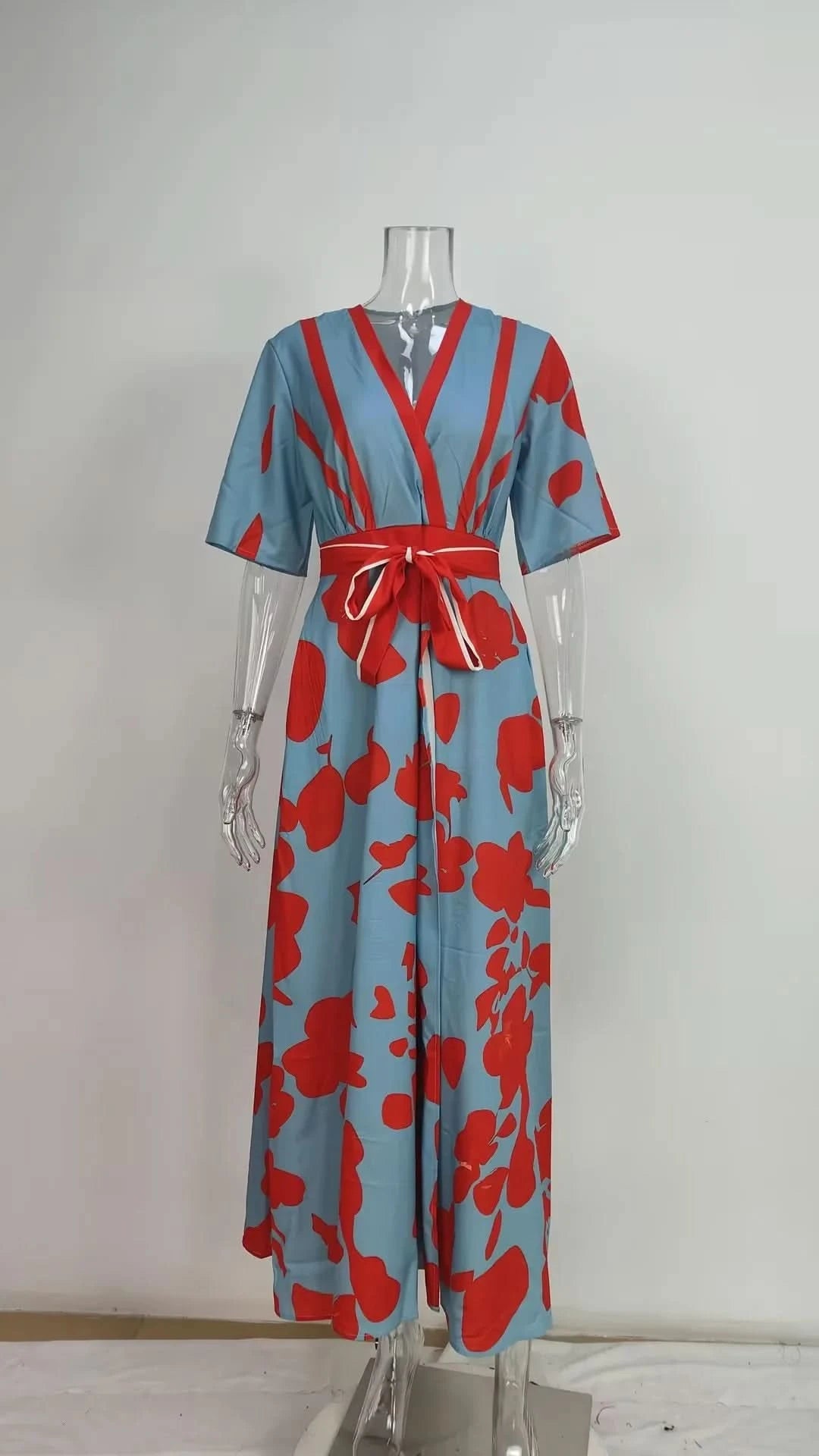 Spring Summer Women Fashion V Neck Belted Party Long Dress Sexy Printing Boho Maxi Dresses Short Sleeve Pocket Femlae Holiday - M & M Global