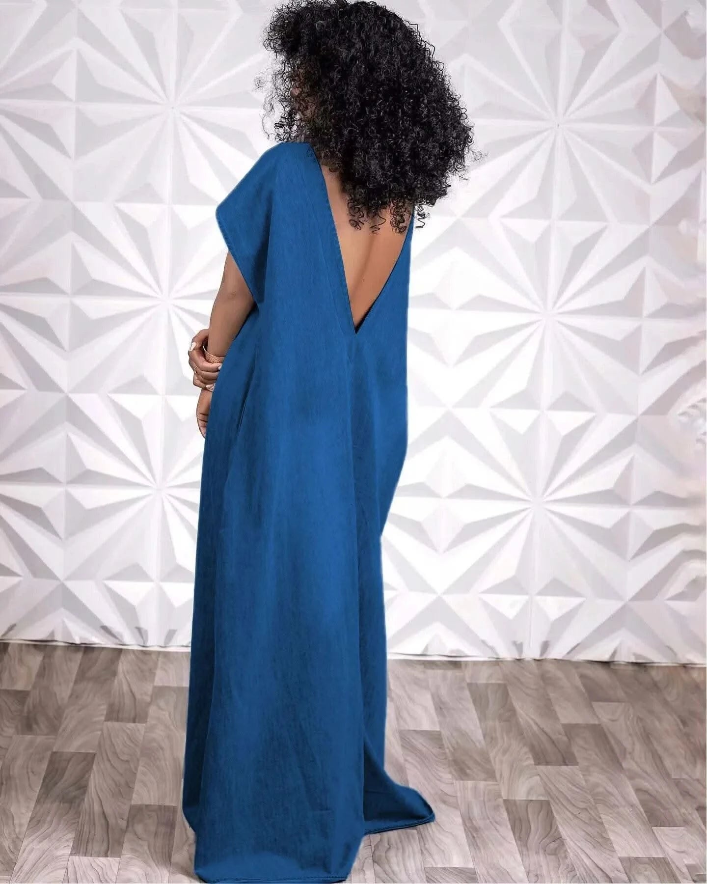 CM.YAYA Vintage Women Fashion Batwing Short Sleeve Denim V-back Loose Slim Maxi Long Dress 2023 High Street Vestido Jean Dresses - M & M Global