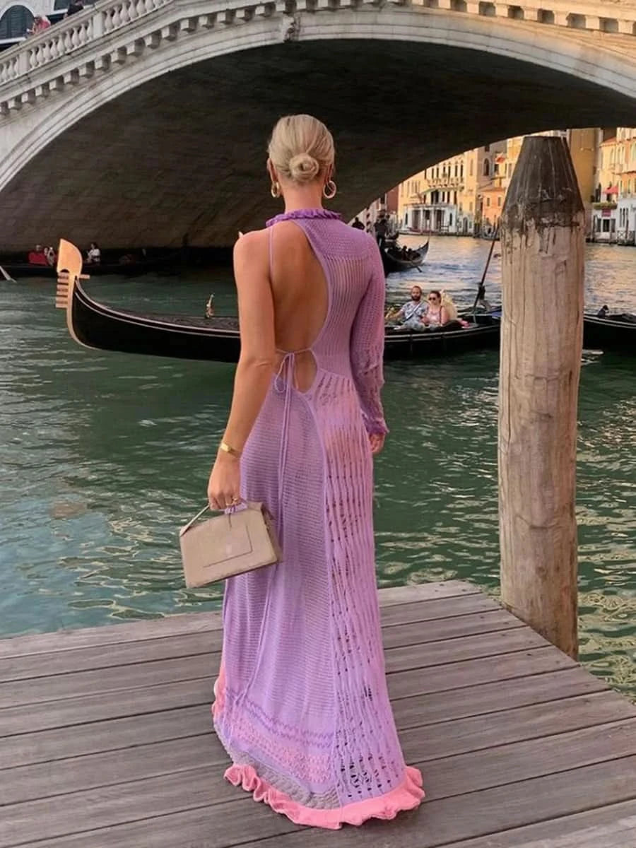 Women Sexy Y2k One Shoulder Long Sleeve Crochet Knit Long Dress Summer Beach See Through Party Grunge Club Cover Up Outfits - M & M Global