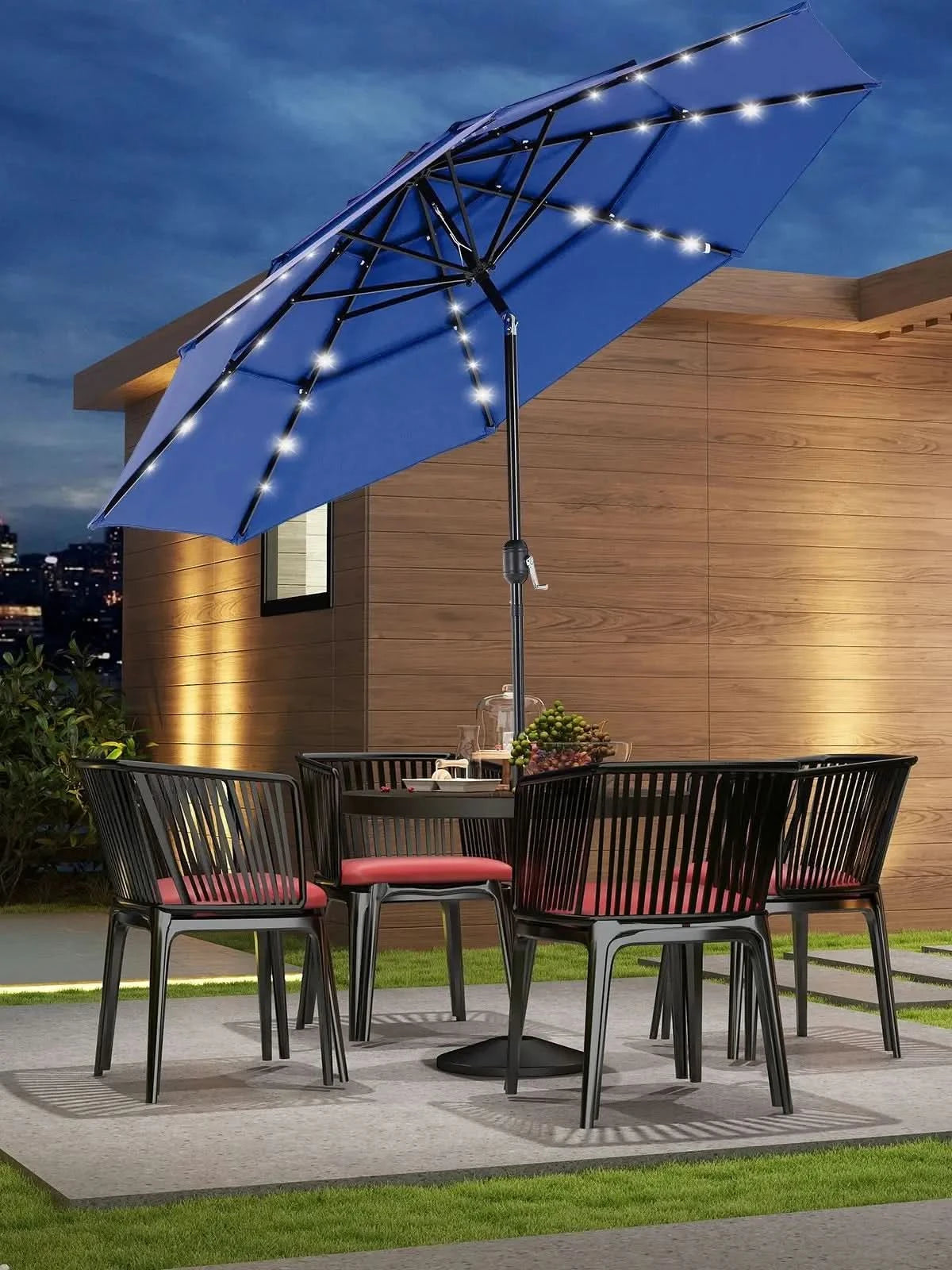 JHK 10FT 3-Tier Patio Outdoor Umbrella with Solar 32 LED Lights Tilting Table Umbrella with 8 Sturdy Ribs for Garden Backyard