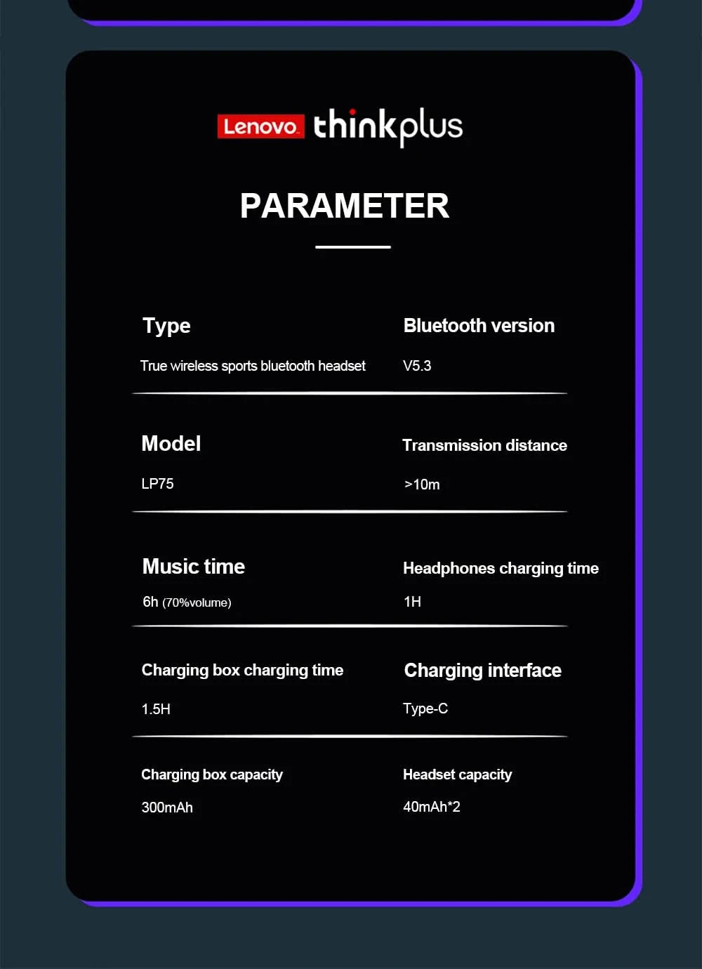 Lenovo LP75 Sports Wireless Earphones with Mics,Button Control, LED Power Display,Hifi Stereo Sound Bluetooth 5.3 TWS Headphones - M & M Global