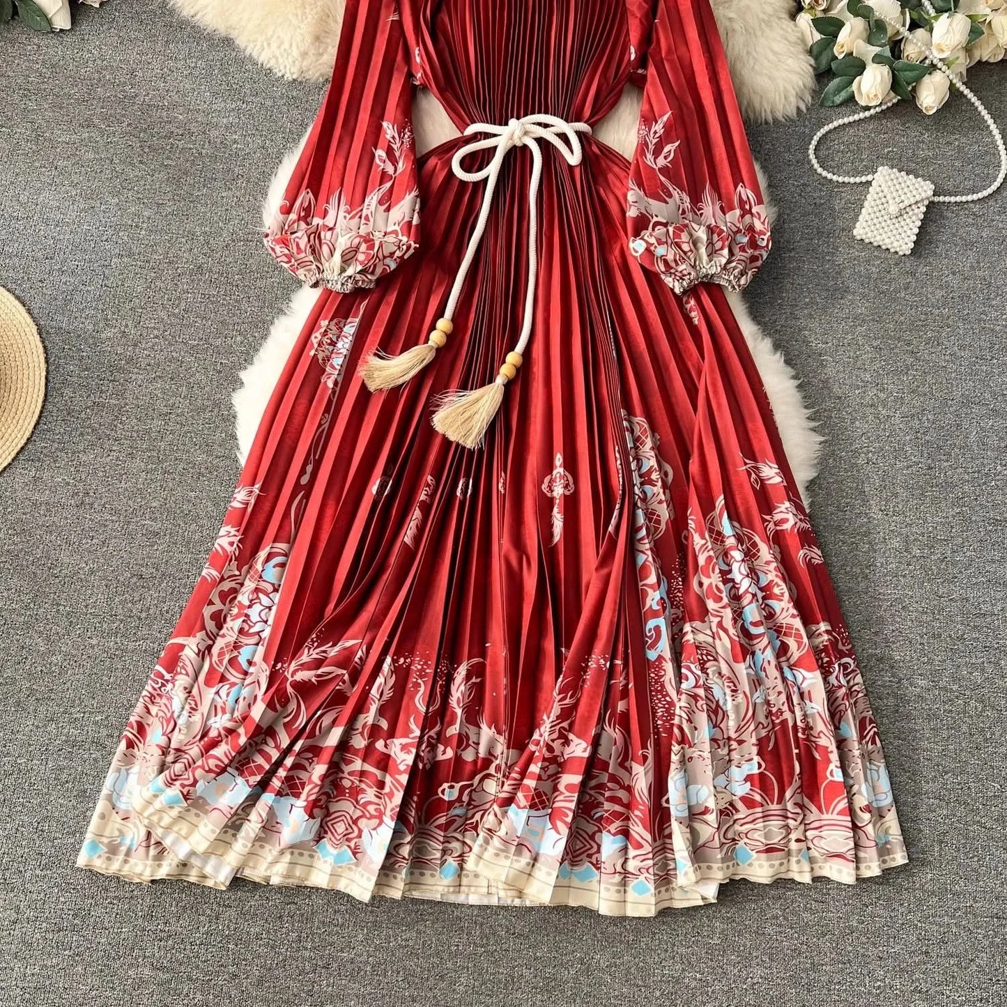 Spring Holiday Print Long Dress For Women Fashion Loose Lantern Sleeve Party Robe Female Big Swing Tassels Belt Pleated Clothes - M & M Global