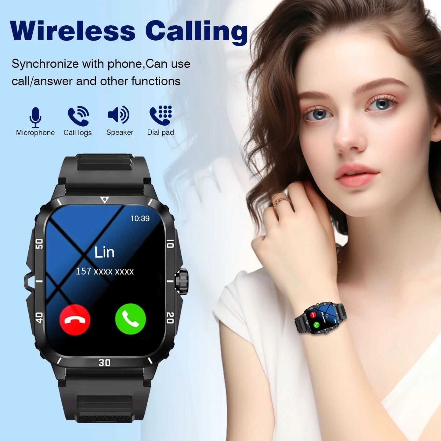 Smart Watch, Wireless Calls, Message Reminders, Multi-Sports Mode, Music Playback, Suitable For Iphone/Android Phones