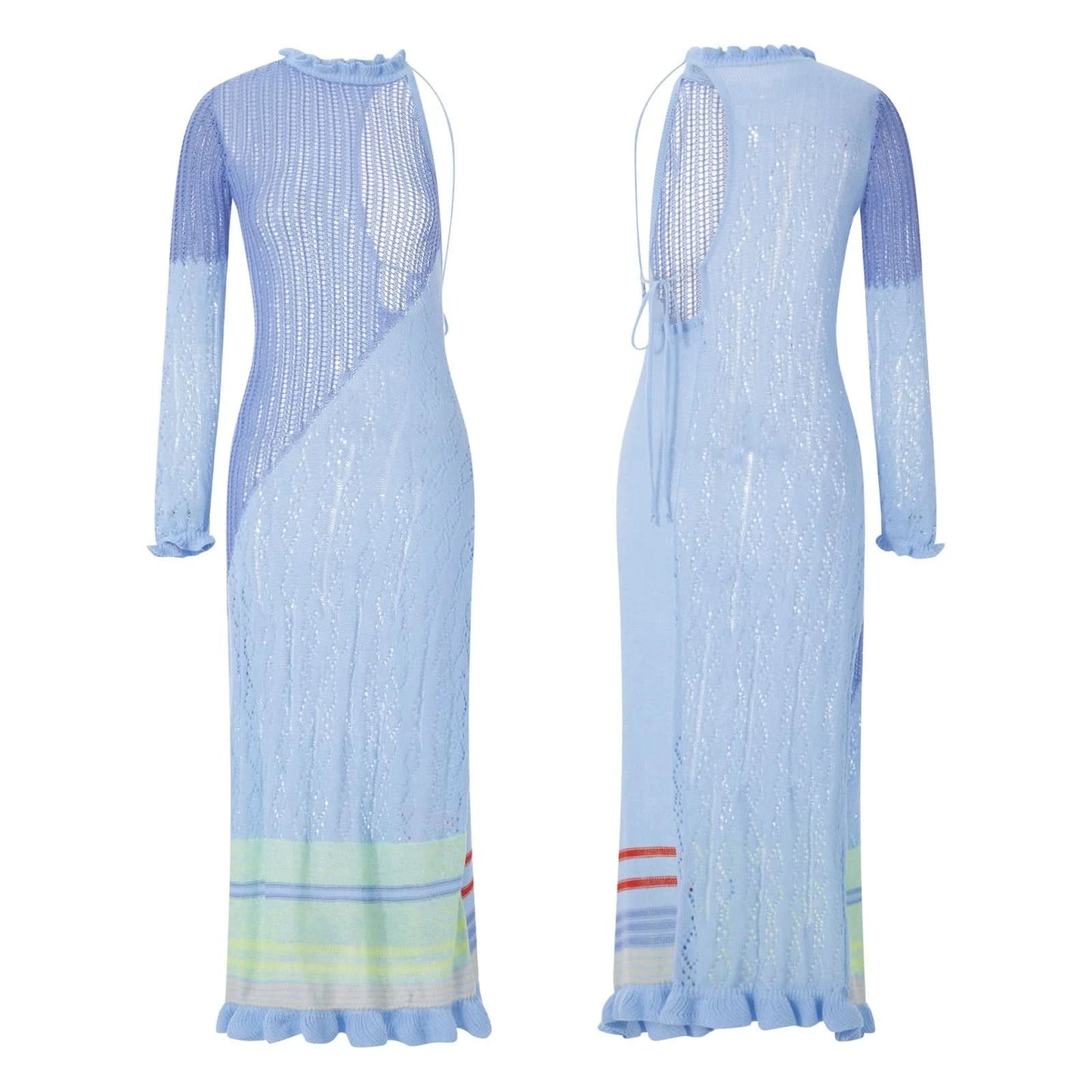 Women Sexy Y2k One Shoulder Long Sleeve Crochet Knit Long Dress Summer Beach See Through Party Grunge Club Cover Up Outfits - M & M Global