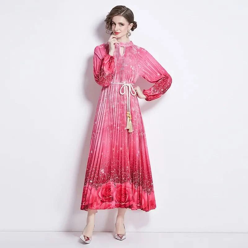 Spring Holiday Print Long Dress For Women Fashion Loose Lantern Sleeve Party Robe Female Big Swing Tassels Belt Pleated Clothes - M & M Global