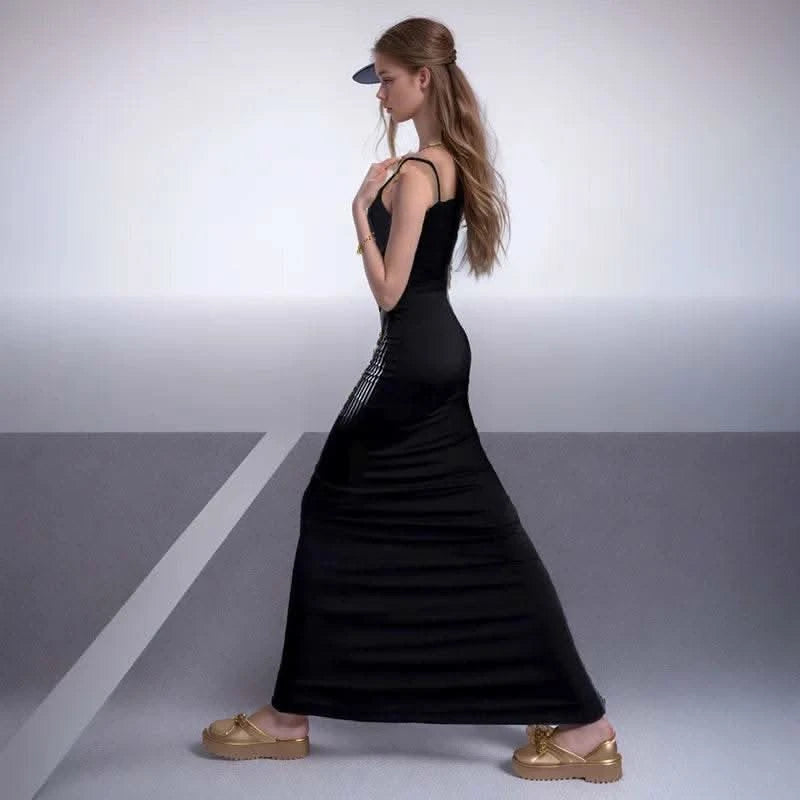 CUTENOVA Elegant Spaghetti Straps Print Long Dress Solid Color Sleeveless Square Neck Wrap Party Dress Summer Backless Cami - M & M Global