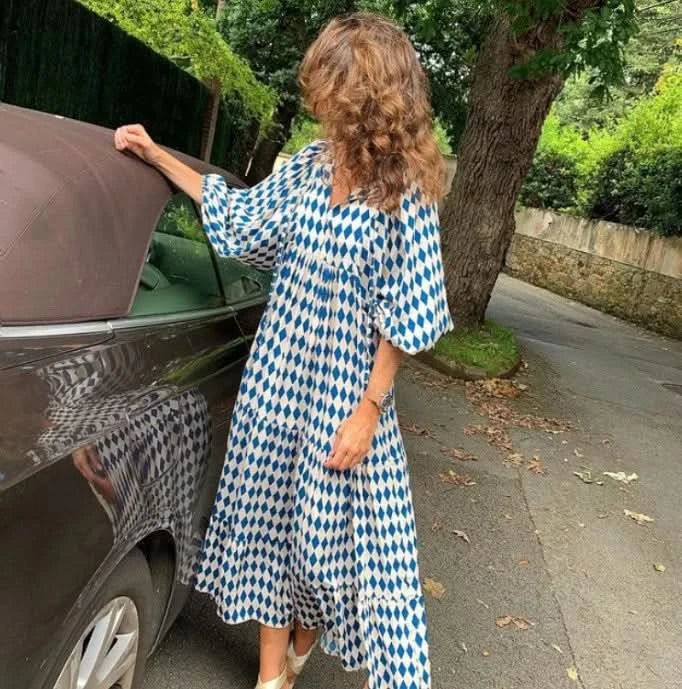 Summer Puff Sleeve Long Dress Women Geometric Print Half Sleeve Dress Boho V-Neck Loose Holiday Beach Dress Vestidos - M & M Global