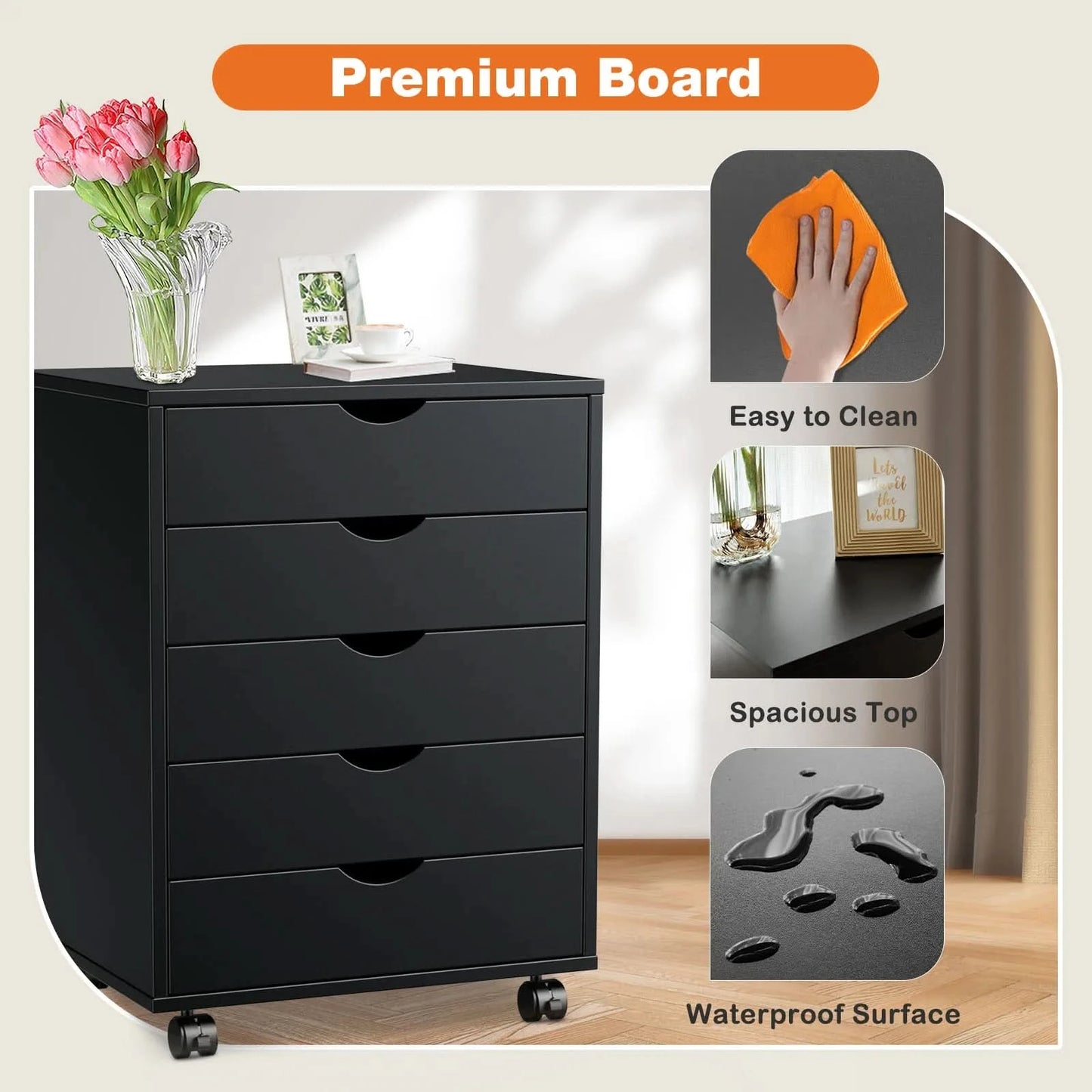 JHK Wood Nightstand Cabinet 5 Drawers Waterproof Surface Storage Organizer File Office Easy To Move Bedside Table Rotating Wheel