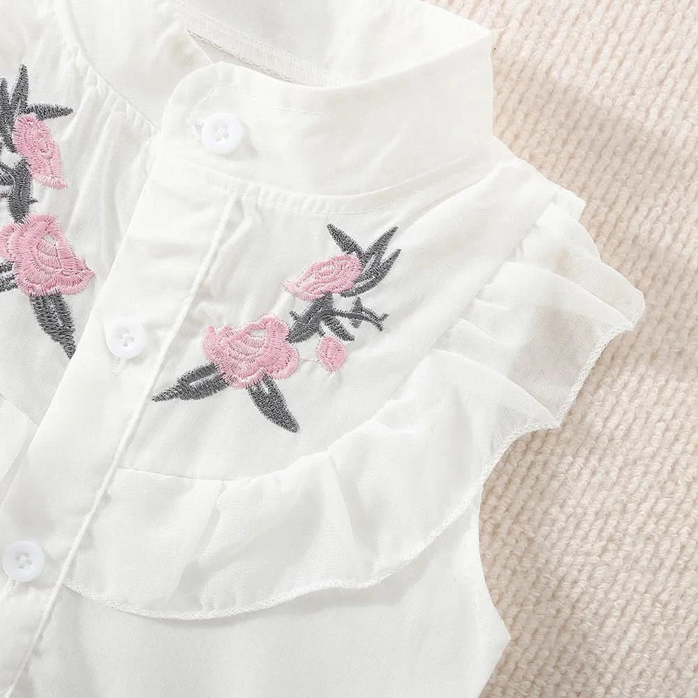 Summer New Girls' Two-Piece Set Lace Flower Embroidery Bow Two-Piece Set Loose Casual Two-Piece Shorts - M & M Global