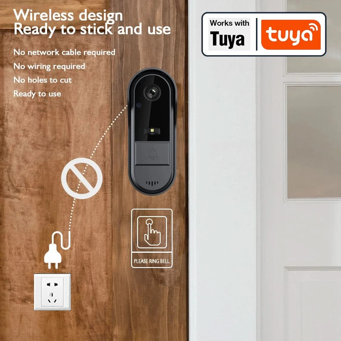 Tuya WiFi doorbell 2-way HD 1080P, microSD/cloud, waterproof, 1000mAh battery, long standby,Wireless Security Camera - M & M Global