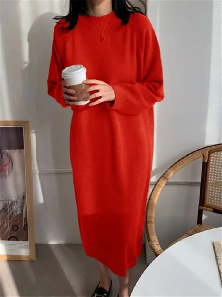 REALEFT Autumn Winter 2023 New O-Neck Casual Loose Knitted Dress Female Straight Long Sleeve Oversize Sweater Womens Long Dress - M & M Global