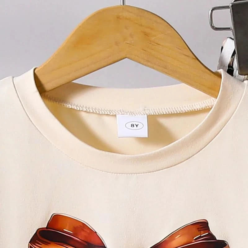 Children Clothing Sets Beige Bow Printed T-shirt & Striped Leopard Pants Trendy Girls Outfit Summer Clothing Sets 8-12 Kids Suit - M & M Global