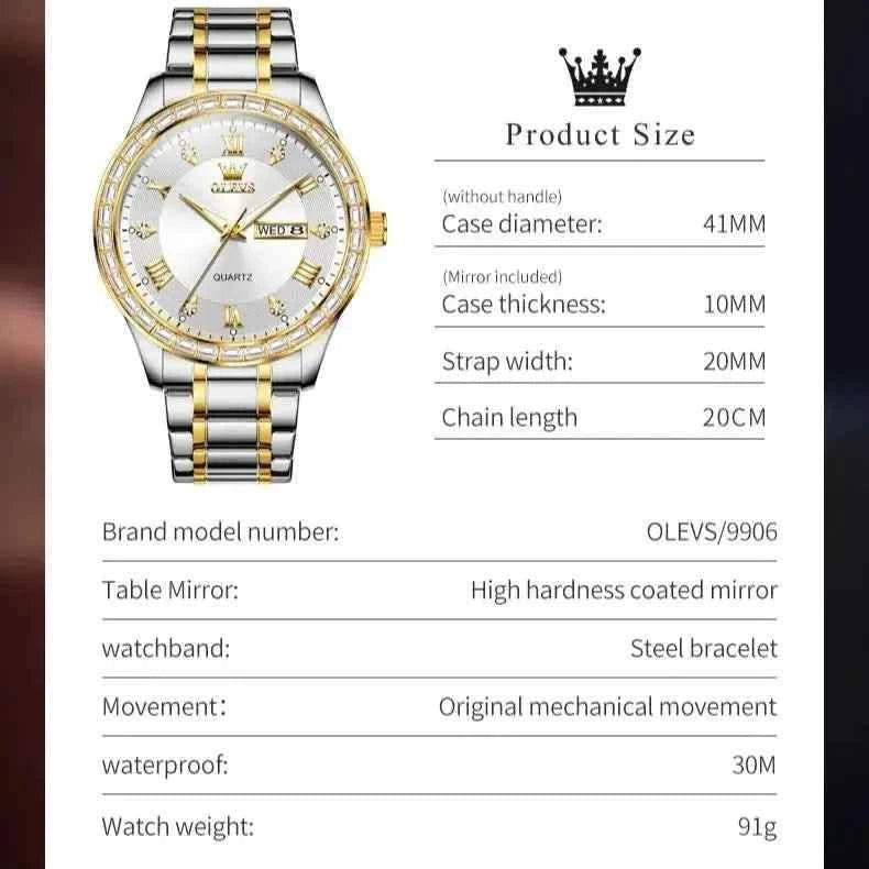 OLEVS 9906 Quartz Men's Watch Classic Fashion Men's Business Waterproof Stainless Steel Diamond dial Top Luxury Brand Men Watch - M & M Global