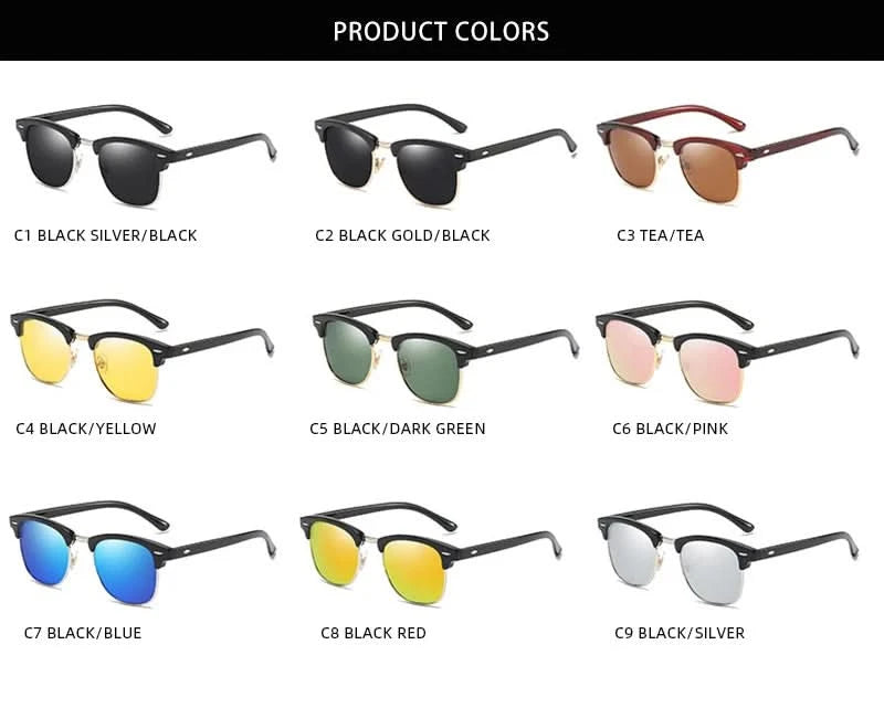 Classic Half Frame Polarized Sunglasses Men Women Retro Rivet Small Sun Glasses Male Popular Black Anti Glare Travelling Shades - M & M Global