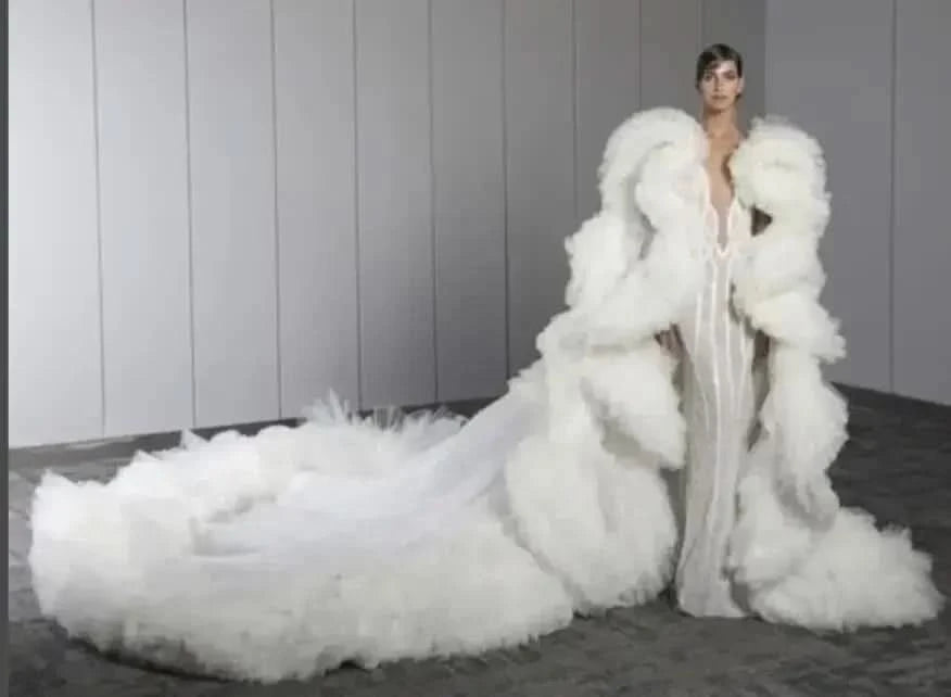 luxury Fully long dress with ruffles cape tulle cloak Wedding attire Fashion Stage cloak custom party prom dress - M & M Global