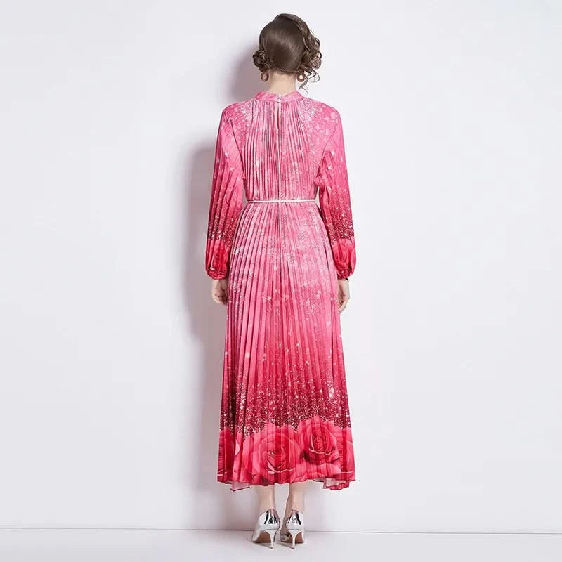Spring Holiday Print Long Dress For Women Fashion Loose Lantern Sleeve Party Robe Female Big Swing Tassels Belt Pleated Clothes - M & M Global