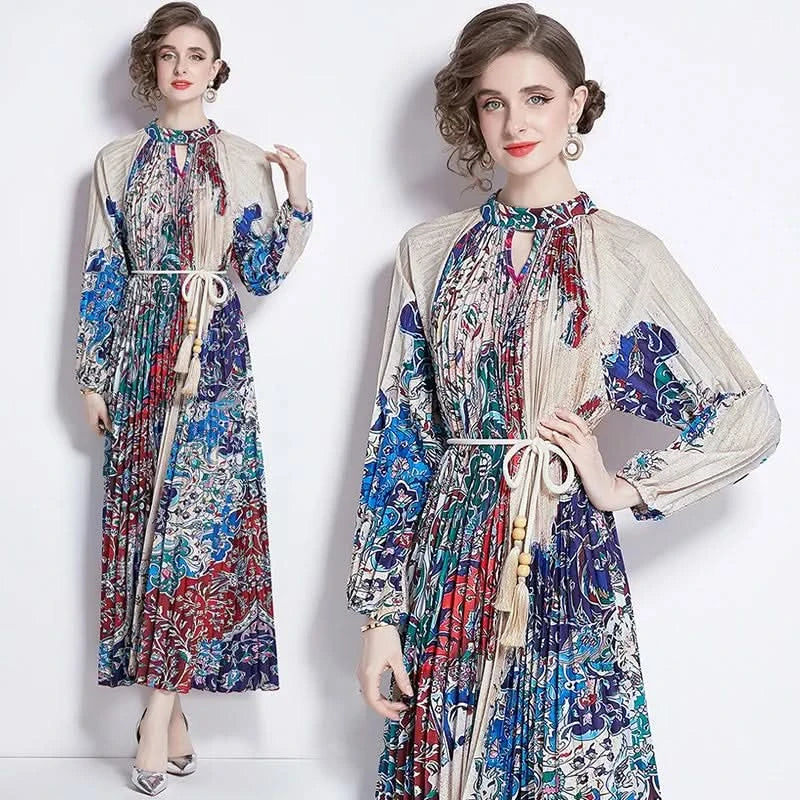 Spring Holiday Print Long Dress For Women Fashion Loose Lantern Sleeve Party Robe Female Big Swing Tassels Belt Pleated Clothes - M & M Global
