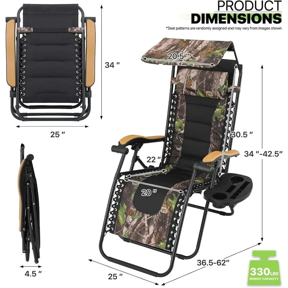 Zero Gravity Chair with Canopy Set of 2, Reclining Outdoor Patio Lounge Chair, Folding Anti Gravity Recliner