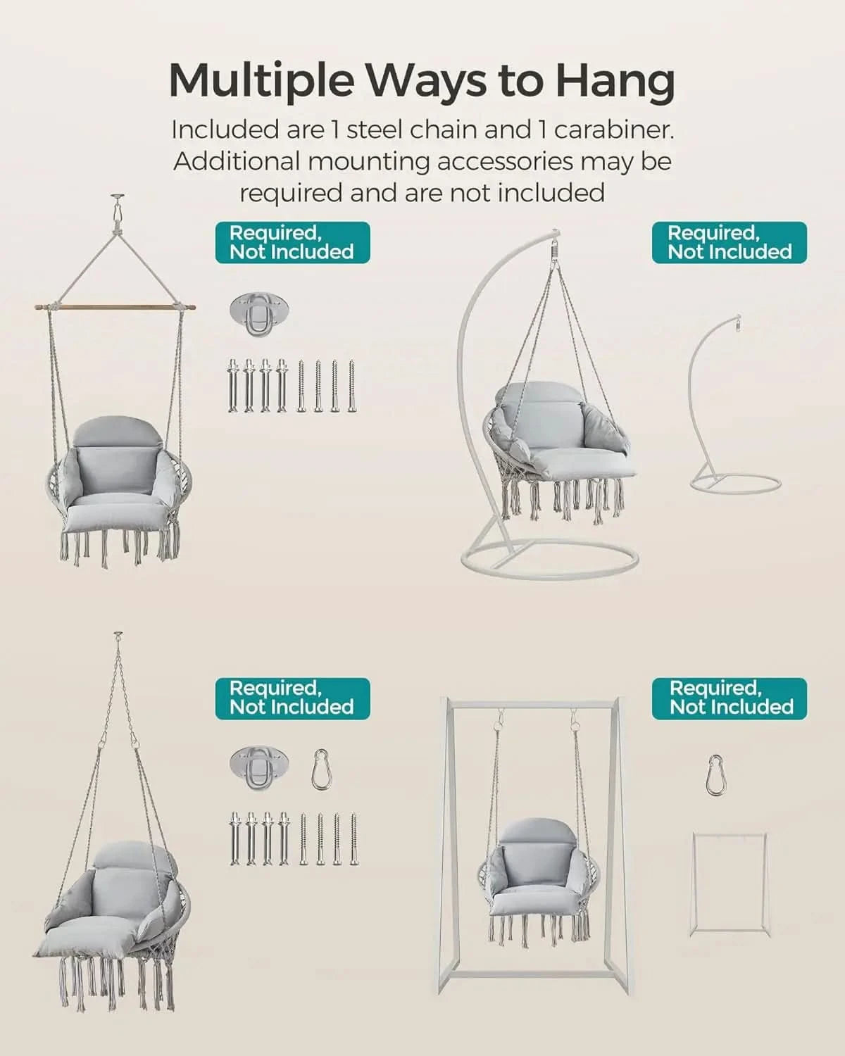Hanging Chair. Hammock Chair with Thick Cushion. Boho Swing. Holds 264 lb. Accessories Included. Dove Gray. UGDC042G11.