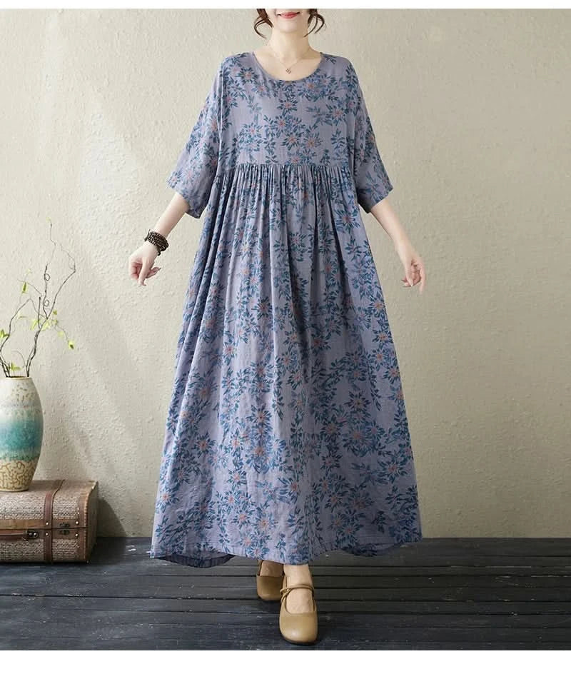 Oversized Summer Long Dress Women Floral Print Fashion Short Sleeve Ladies Dresses Casual Loose Ruffle Pleated Woman New Dress - M & M Global