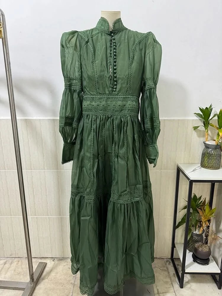 UCXQ Elegant Long Dress Fairy Style Stand Up Collar Lantern Sleeves Splicing Waist Fashion Dresses Women 2025 Spring Autumn 1351 - M & M Global