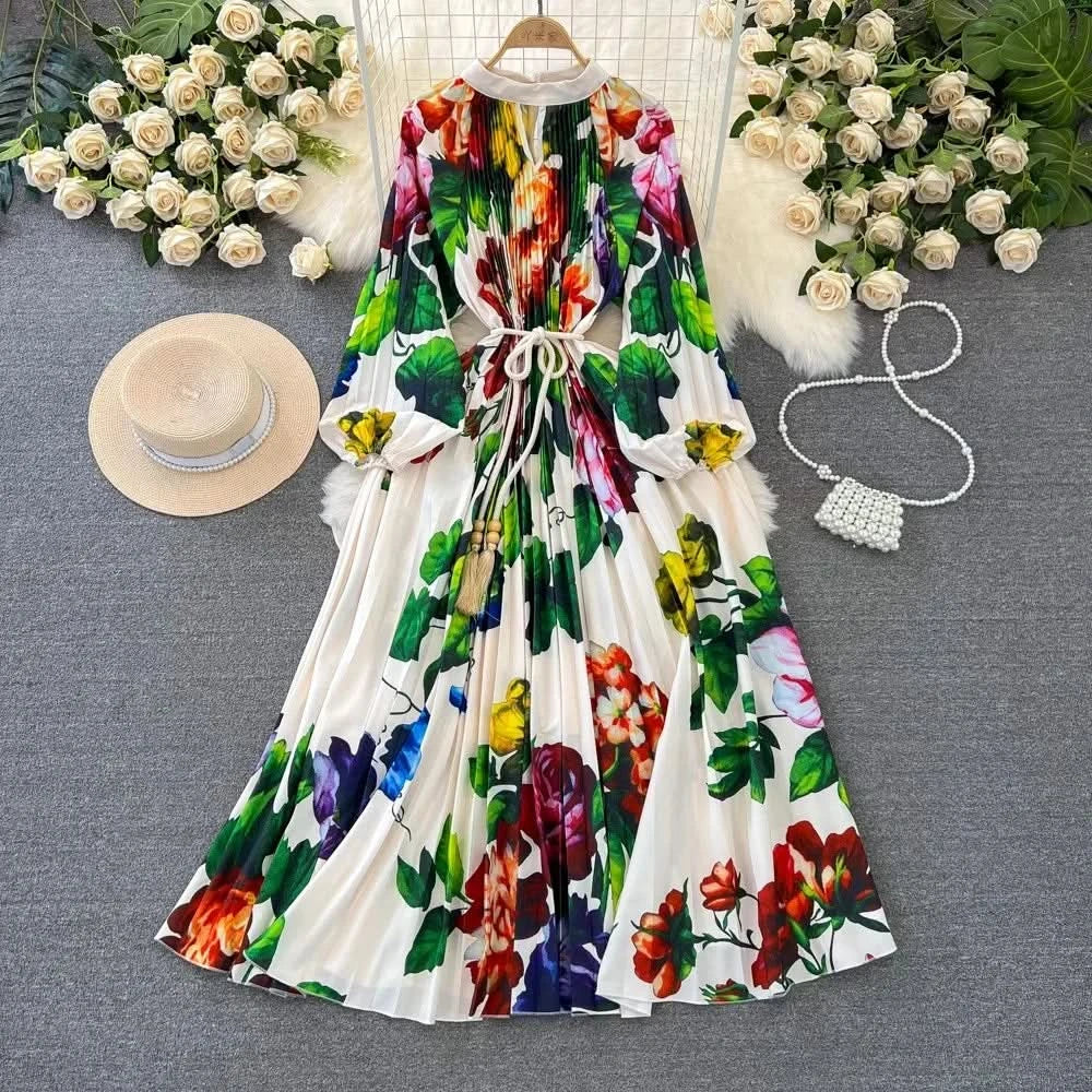 Spring Holiday Print Long Dress For Women Fashion Loose Lantern Sleeve Party Robe Female Big Swing Tassels Belt Pleated Clothes - M & M Global