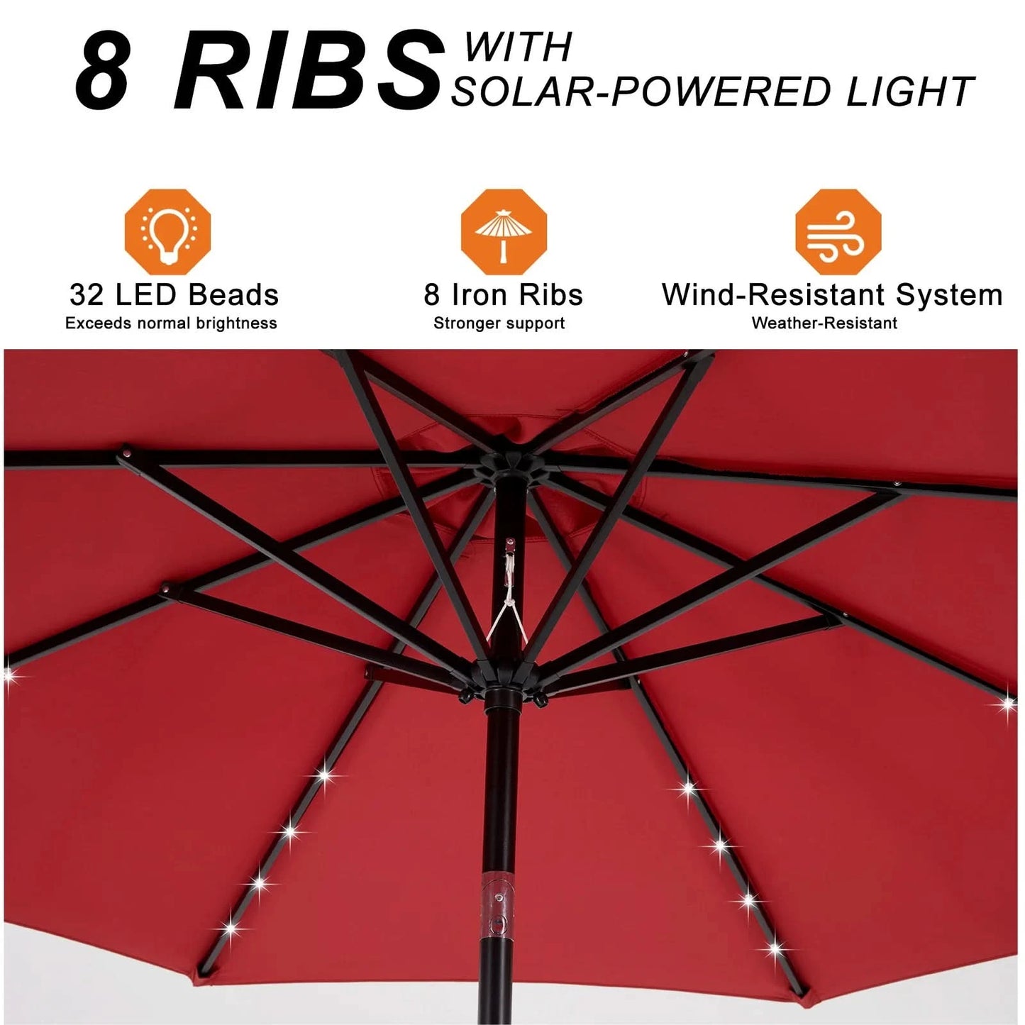 JHK 10FT Solar Patio Umbrella with 32 LED Lights UV-Resistant Outdoor Table Umbrella with Tilt and Crank for Backyard Garden